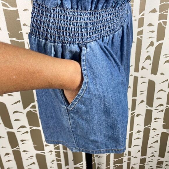 Blue Spice Denim Chambray Smocked Waist Romper M - Picture 4 of 8